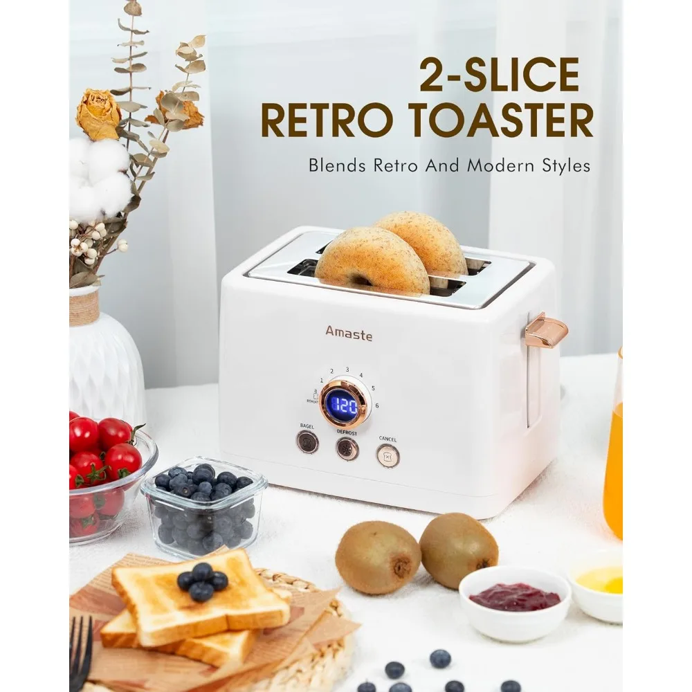 2 Slice Toaster, Retro Bread Toaster with LED Digital Countdown Timer, Extra Wide Slots Toasters with 6 Shade Settings