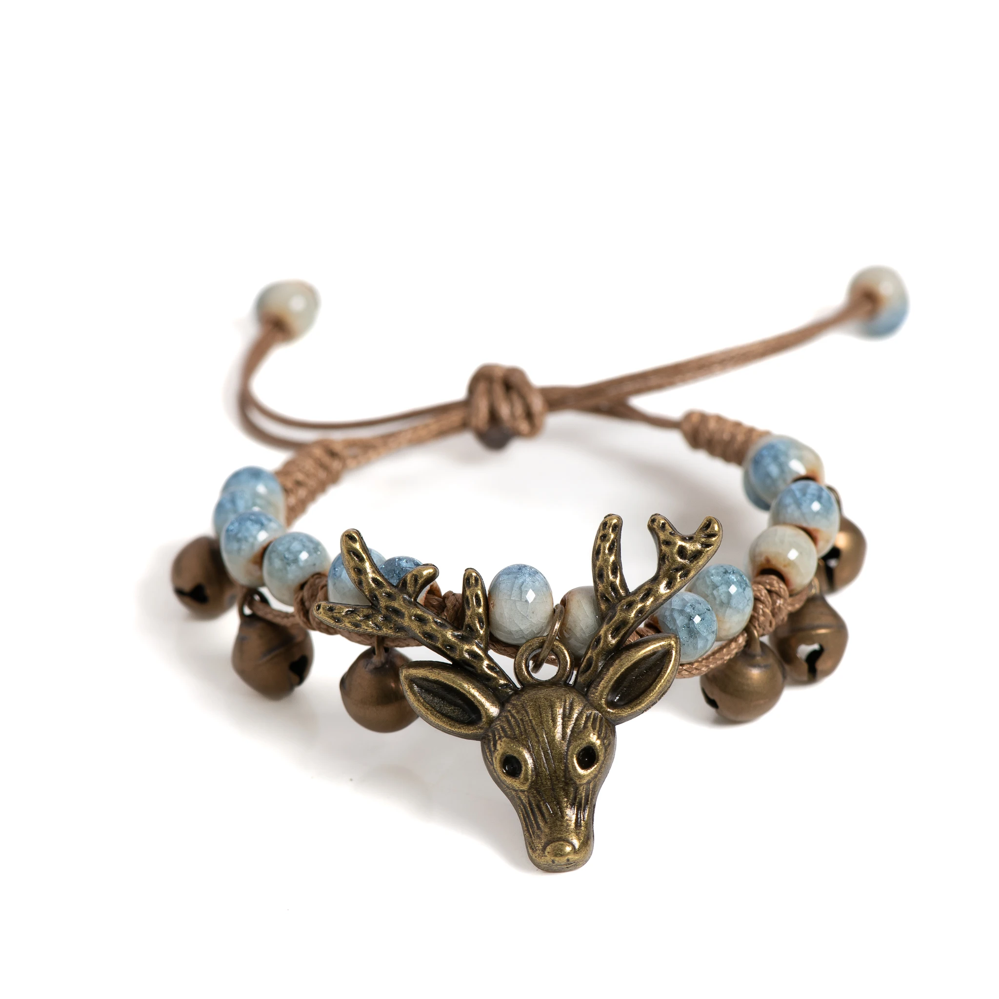 Adjustable Deer Head Ceramic Bracelet Vintage Crackle White Beads Handmade Wax Cord Jewelry pulseras en pareja 168