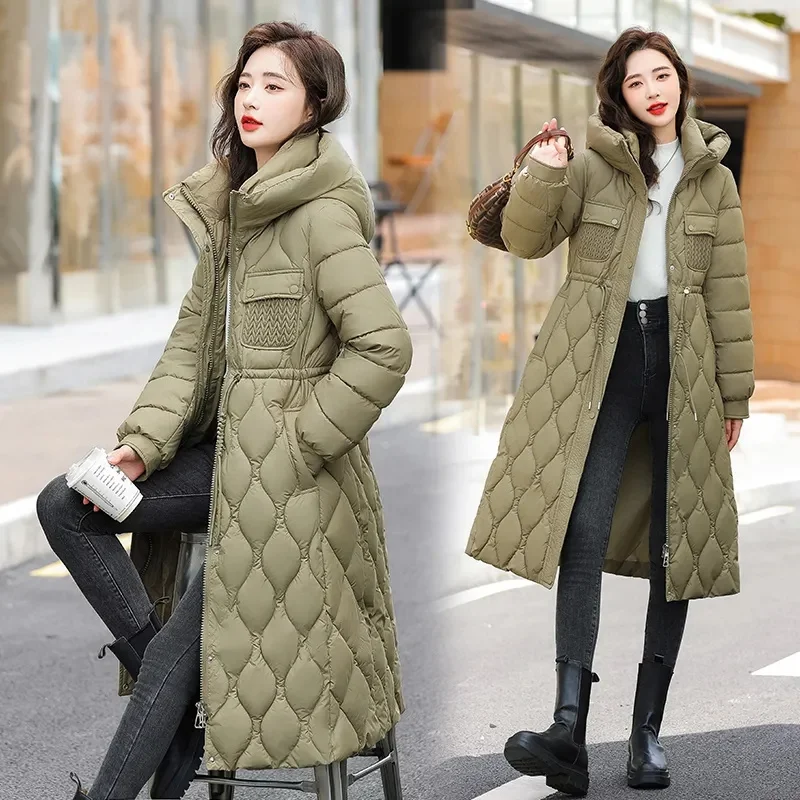 2023 New Women\'s Winter Jacket X-long Puffer Parkas Hooded Cotton Padded Female Coat Thick Warm Wadded Jackets Outerwear