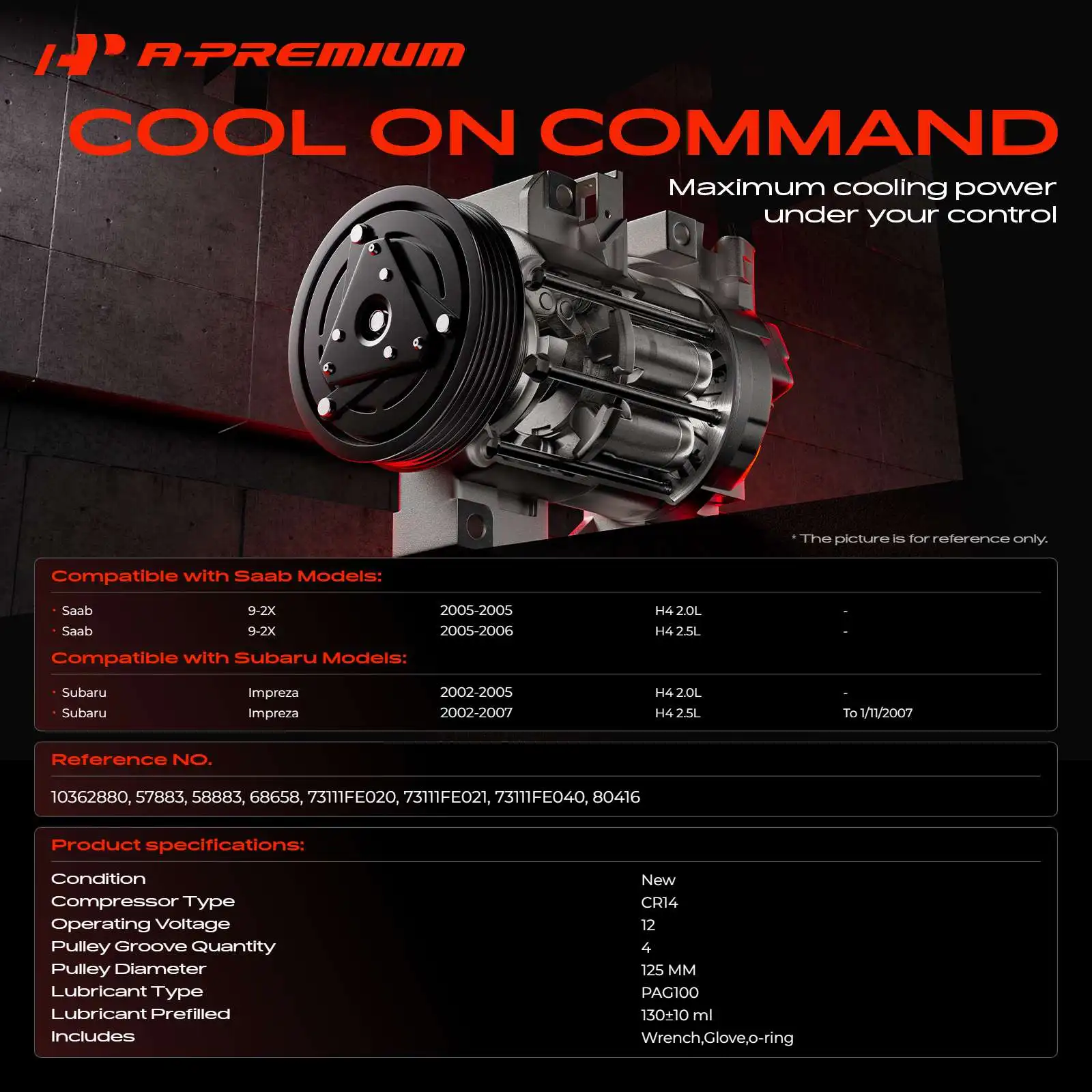 A-Premium AC Compressor with 4-Groove Pulley for Subaru Impreza 2002-2007 Saab 9-2X 2005-2006