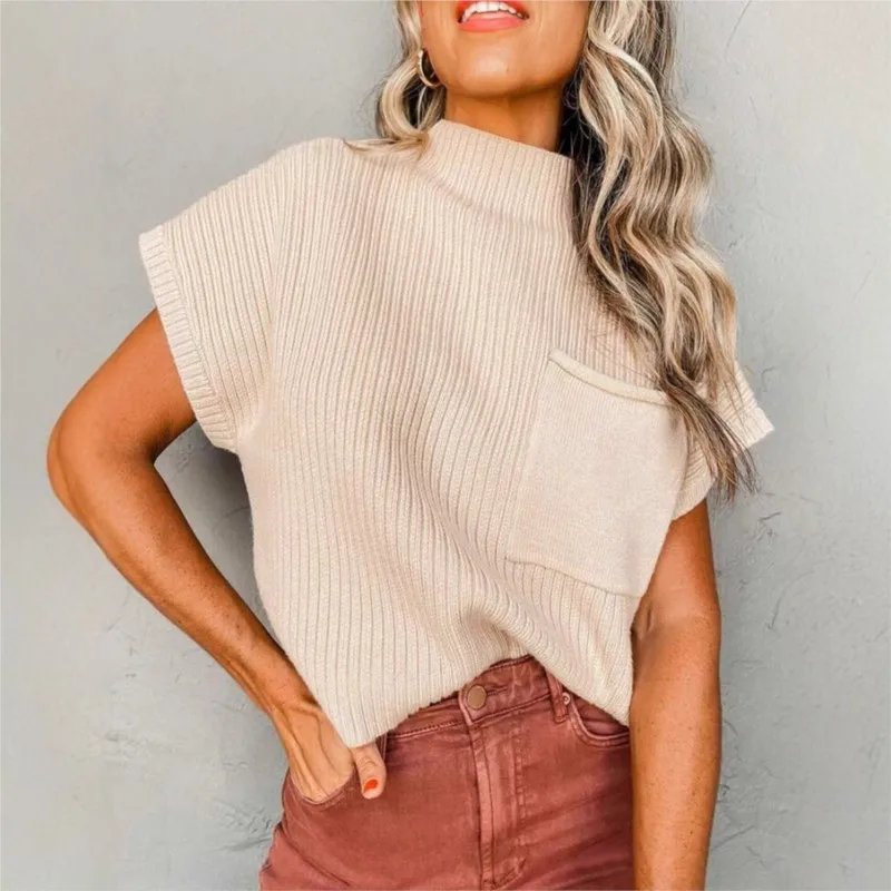 

Свободный пуловер без рукавов с круглым вырезом и карманами для женщин, универсальный, для весенне-летнего сезона, модный повседневный пуловер в рубчик