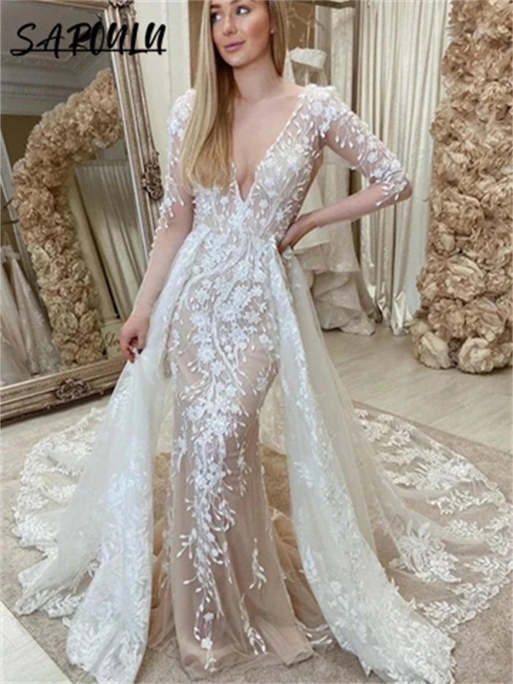 Attached Train Lace Wedding Dress Customized Mermaid Long Sleeve Backless Deep V Neck Bride Dresses Court Tail Bridal Gown