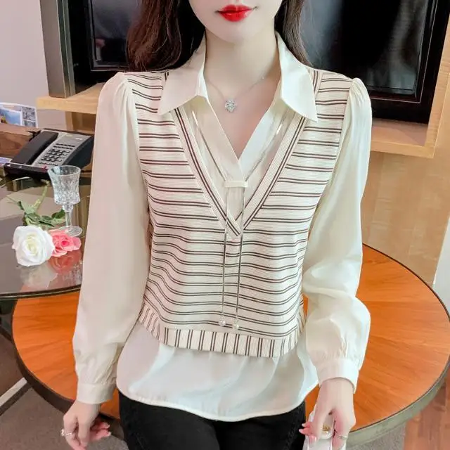 

Spring And Autumn New Korean Fake Two Piece Splicing Striped Collar Long Sleeve Shirt For Women, Design Sense Top For Women