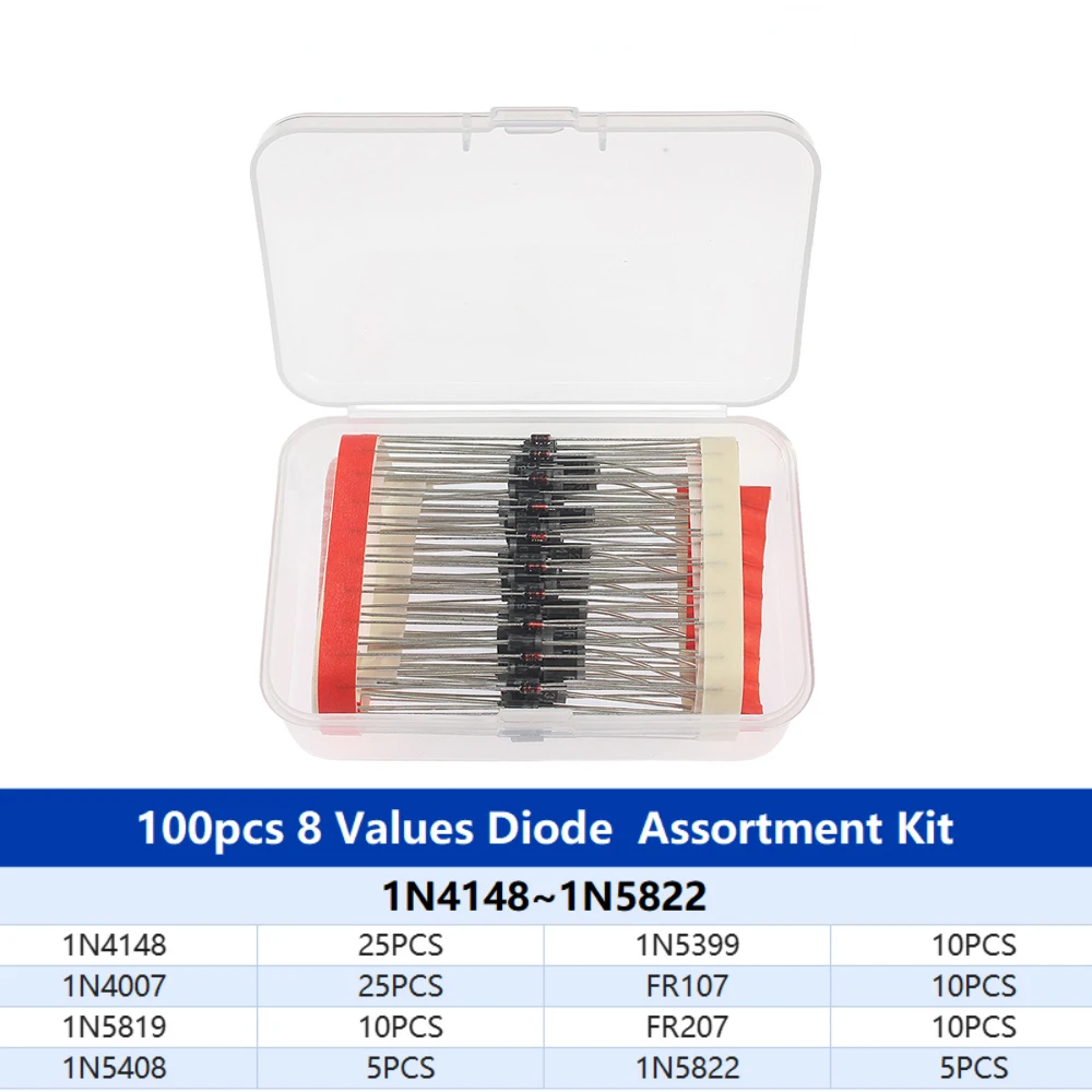 100PCS/Set 8 Values Rectifier Diode Kit 1N4148 1N4007 1N5819 1N5399 1N5408 1N5822 FR107 FR207 Electronic Fast Switching Diodes
