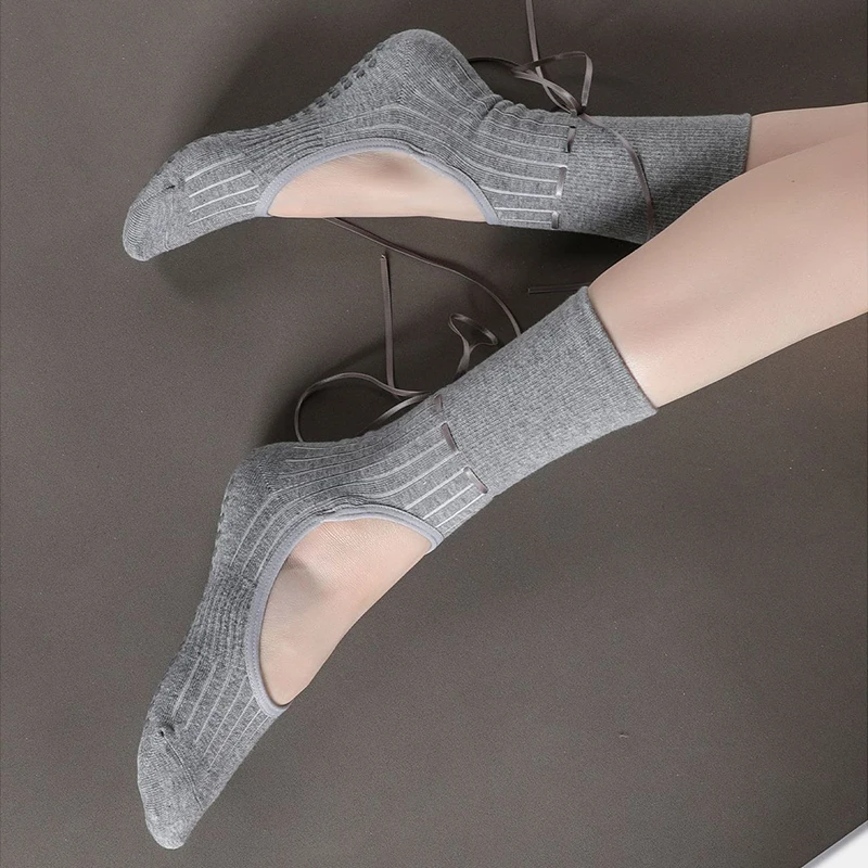 Women Yoga Socks Non-Slip Ballet Dance Fitness Pilates Workout   Socks Personality Drawstring Ribbon Lace-up Socks