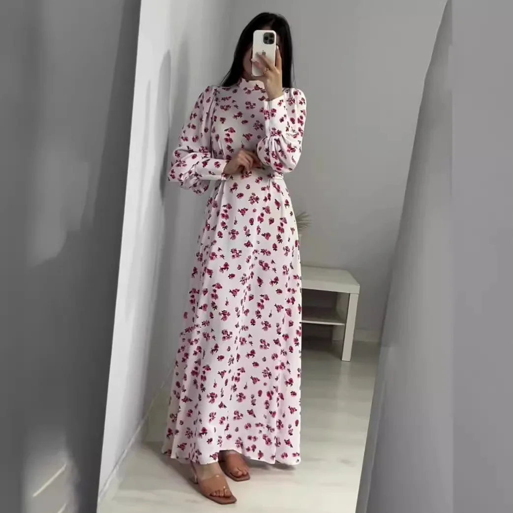 Ramadan Morocco Dubai Abayas Kaftan Islam Eid Vestidos Flower Print Jalabiya Arabic Long Robe Muslim Women Party Dresses Saudi