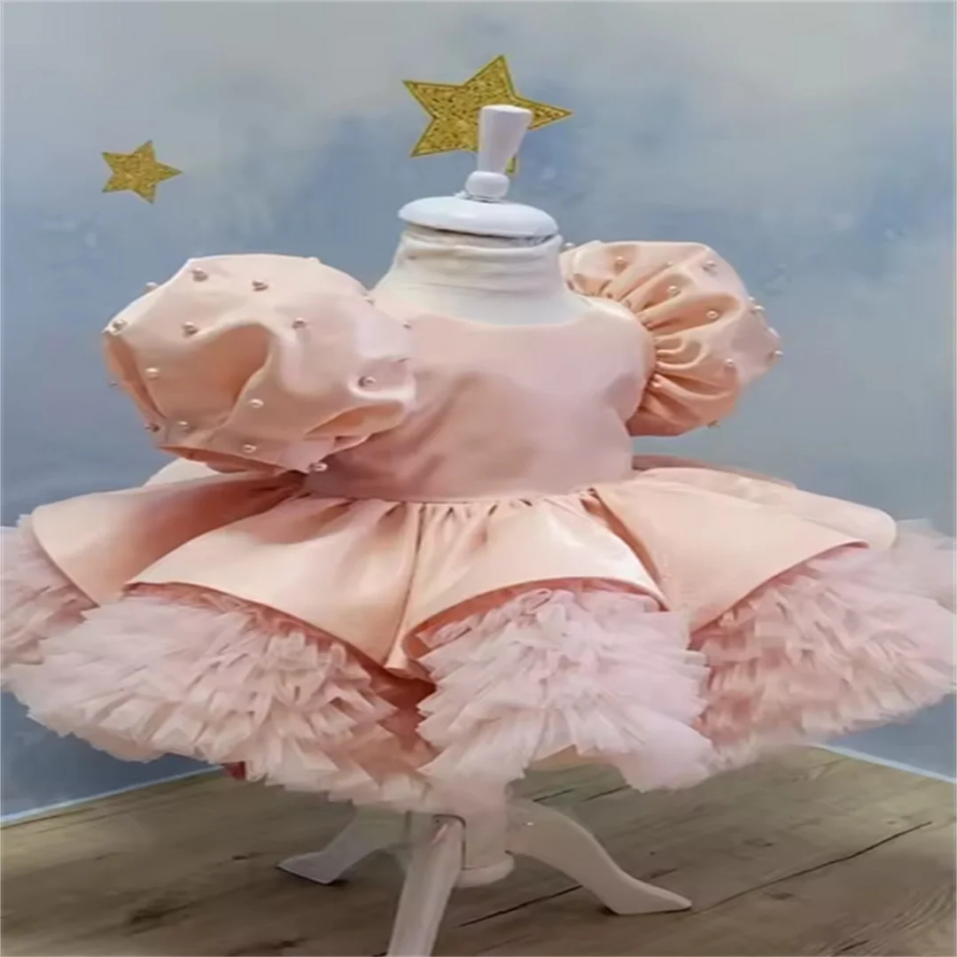 Customized Pink Flower Girl Dress for Wedding Baby Girl Princess Pearl Dress Infant Toddler Child Puff Sleeve Birthday Party Gow