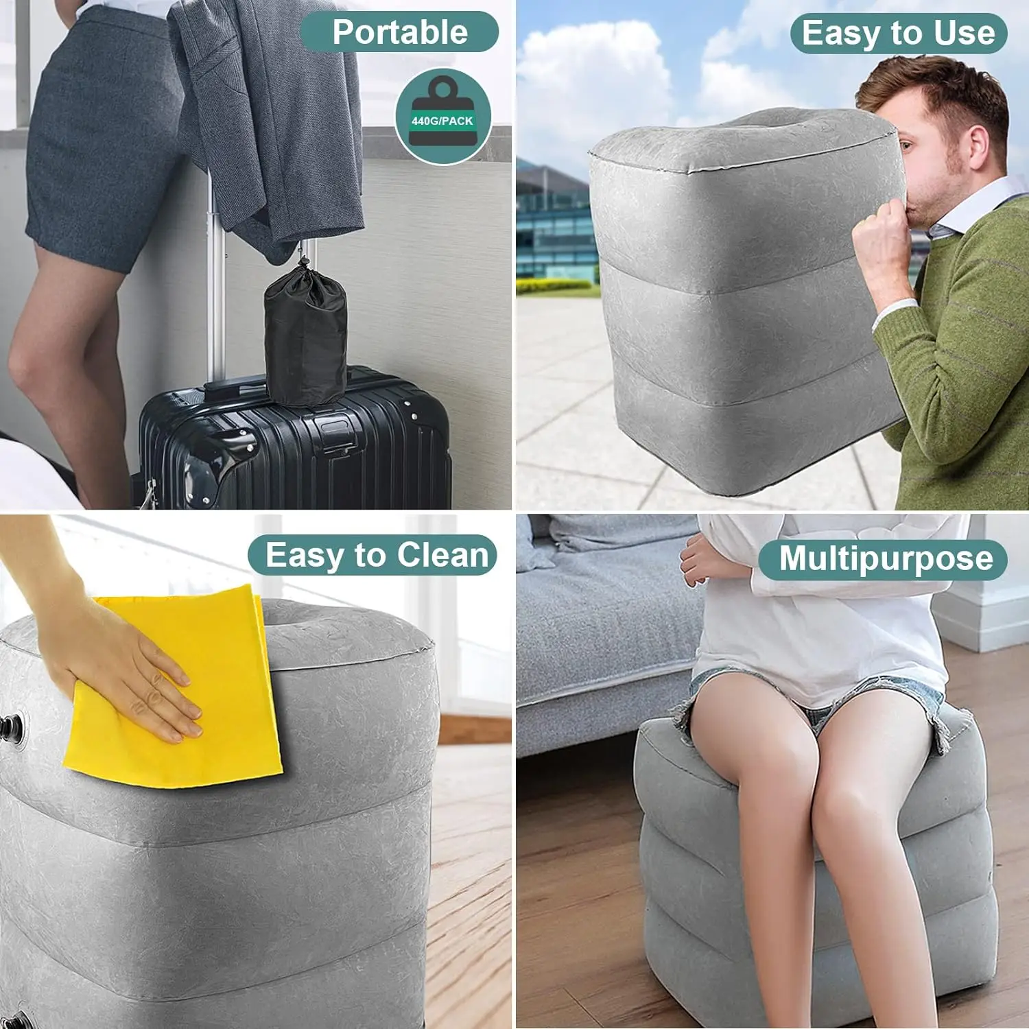 Airplane Foot Rest Travel Foot Rest Pillow Inflatable Travel Foot Rest for Airplanes Adjustable Height 3-Layer Ergonomic Folding