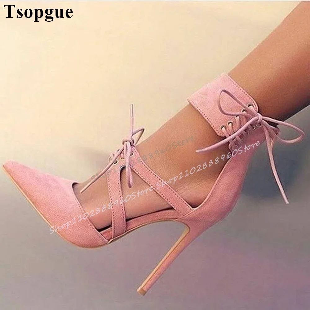 

Stylish Pink Flock Cross Tied Sandals Thin High Heel Shoes For Women Back Zipper Pointed Toe 2025 Fashion Zapatos Para Mujere