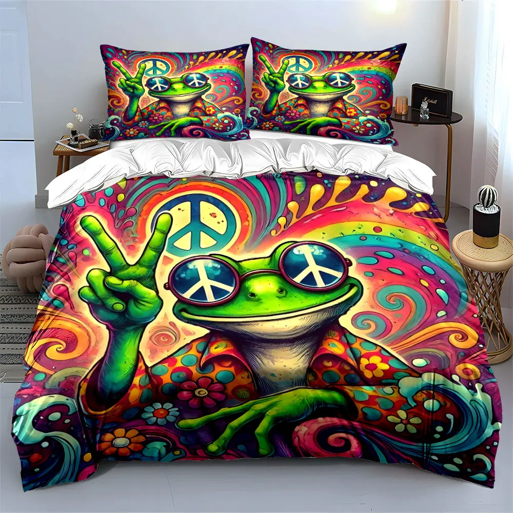 Retro Peace Frog Bedding Set, 60s Hippie Style Print, 1 Duvet Cover + 2 Pillowcases for Fun Bedroom Decor