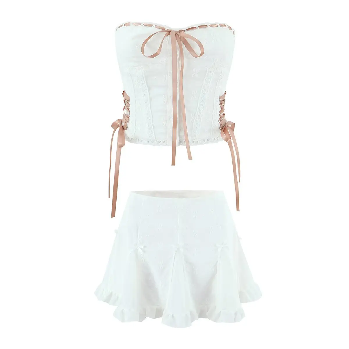 Organic Cotton Embroidered  Skirt Set Women's Cross-Border Fashion Sweet Top And Short Skirt Ensemble Casual Wear