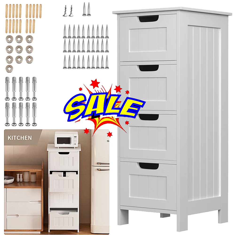 DayPlus Bathroom Storage Cabinet with 4 Drawers, White Floor Standing Storage Cupboard Unit for Home, W11.8''x D11.8 xH32.4''