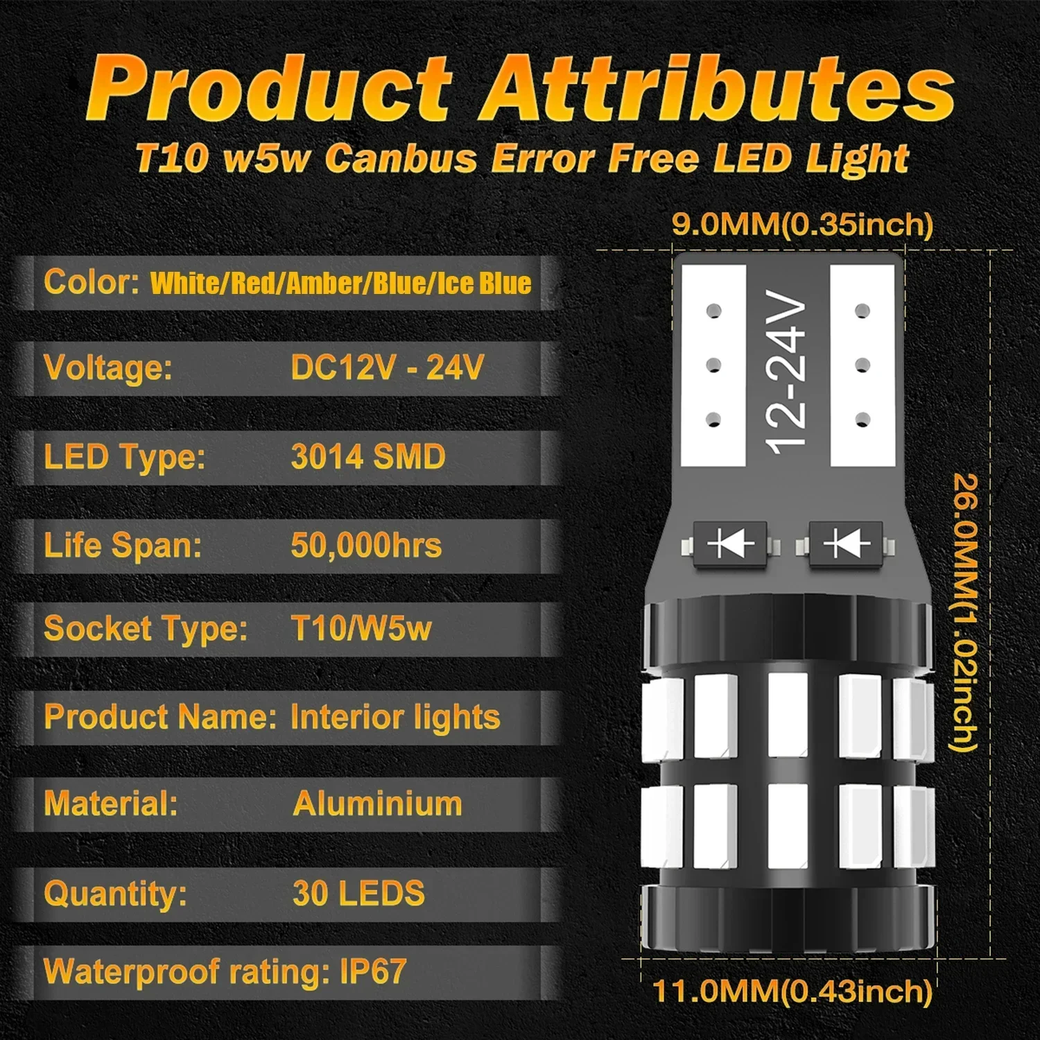 100x T10 W5W LED Vanity Mirror Light Bulbs For Chevrolet Suburban Ford Fiesta Focus Kuga Mustang Copper Tube Heat Dissipation