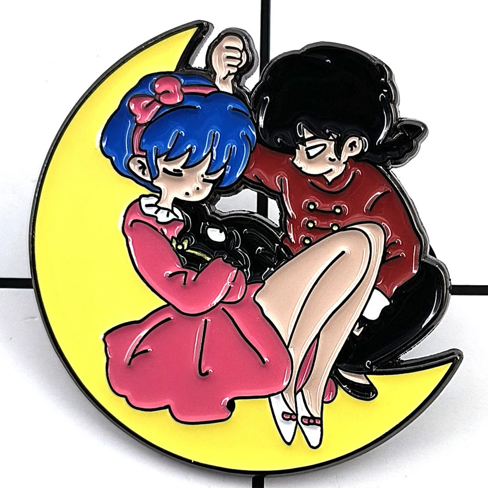 Creative Ranma 1/2 Brooch Boys Girls Sitting on The Moon Enamel Pin Classic Japanese Anime Periphery Badge Collar Jewelry Gift
