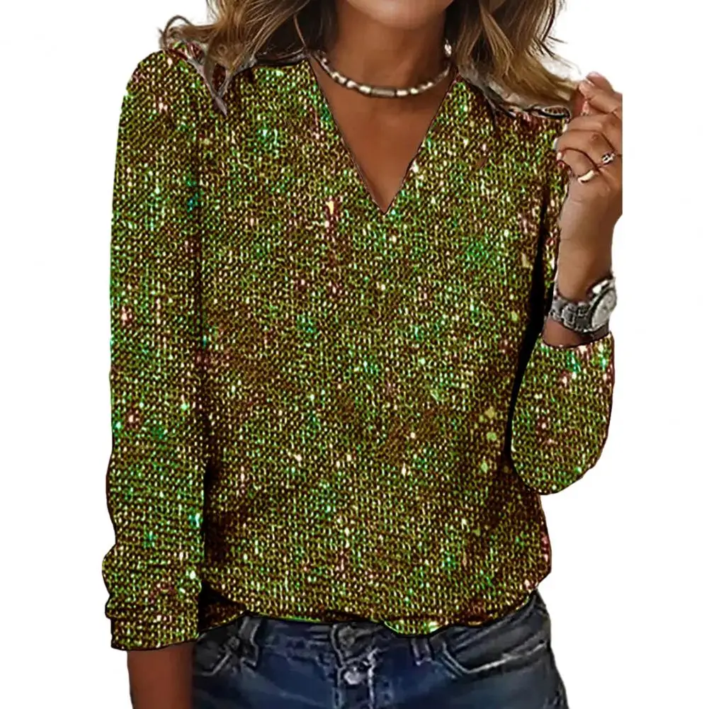 Regular Fit Women Top Sequin V Neck Long Sleeve Blouse Soft Pullover for Women Breathable Commute Club Party Shirt Women Top