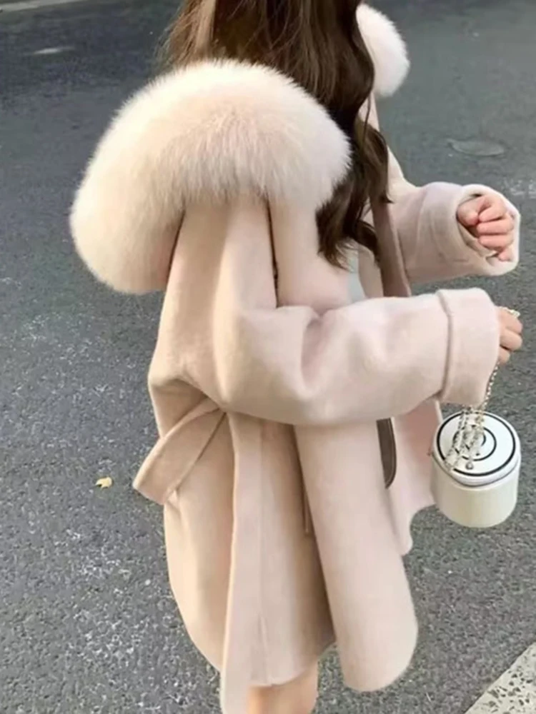 [MODX] French Style Light Pink Woolen Coat For Autumn And Winter, Fashionable And High-end Big Fur Collar Hooded Jacket