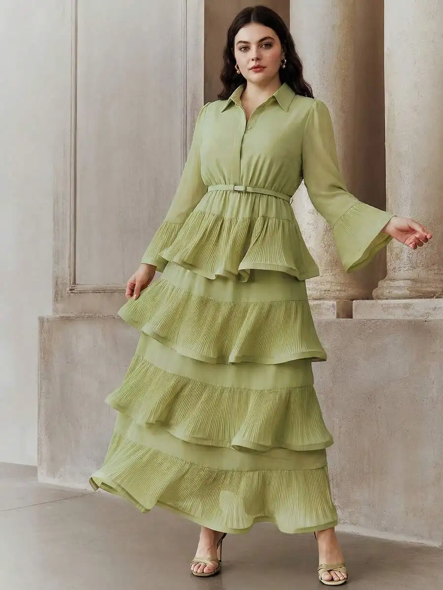

Plus Size Women Solid Green Flare Sleeve Pleated Multi Layer Ruffle Hem Elegant Dress