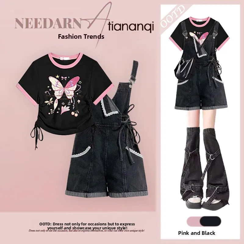 

Summer New Print Short Sleeve T-Shirt Women's Fashion Set with Lace Trim Overalls Cute Shoulder Strap Denim Outfit