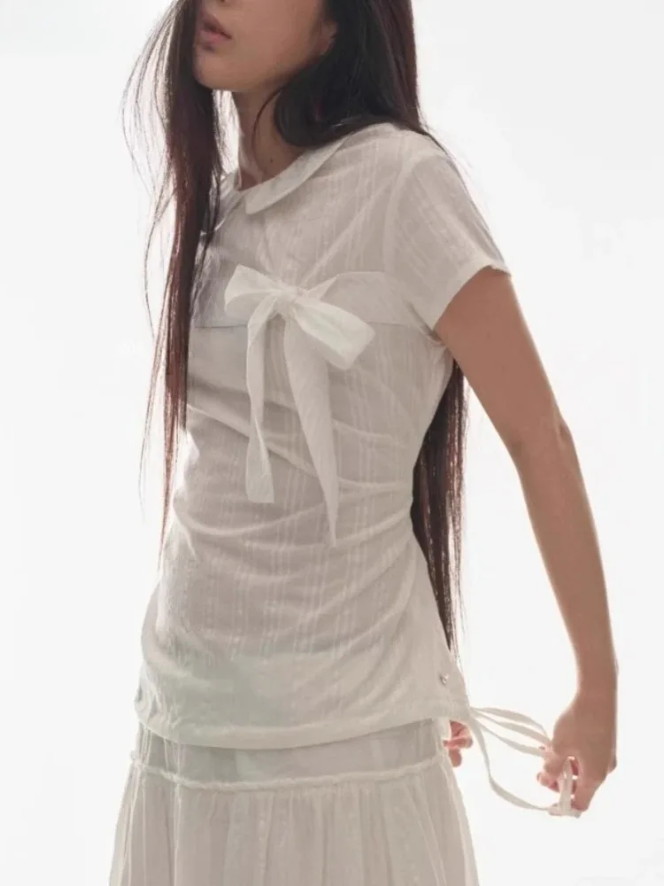 

Vintage Sweet T Shirts Short Sleeves Women Bow Tunic Tees Retro Style Casual O-neck Tops Elegant Korean Fashion Summer New 2025