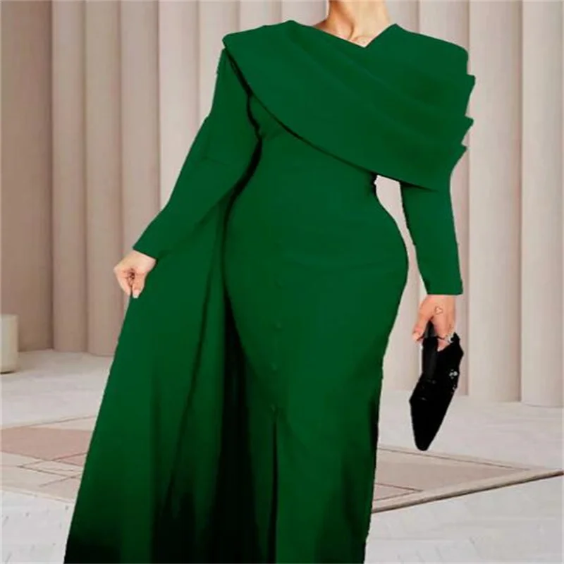 Sheath Black Dress Evening Gown Elegant Cape Dress Formal Fall Sweep Train Long Sleeve Cowl Neck Stretch Fabric with Buttons