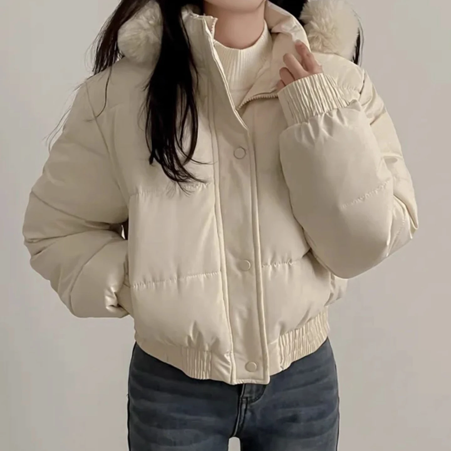 

Women's Winter Puffer Jaet Hooded Fur Collar Double ket Warm Outerwear Bread Sle Clothing Korean Loose Fit Long Sve