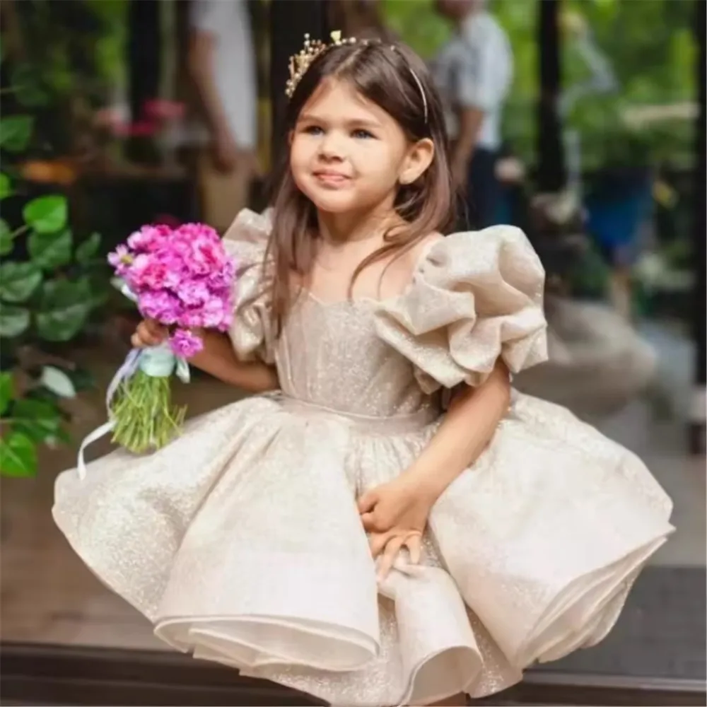 

Lovely Flower Girl Wedding Dress Shiny Puff Ruffle Dress with Bow Cute Princess Birthday Party Dress Vestido Girl Communion Gown