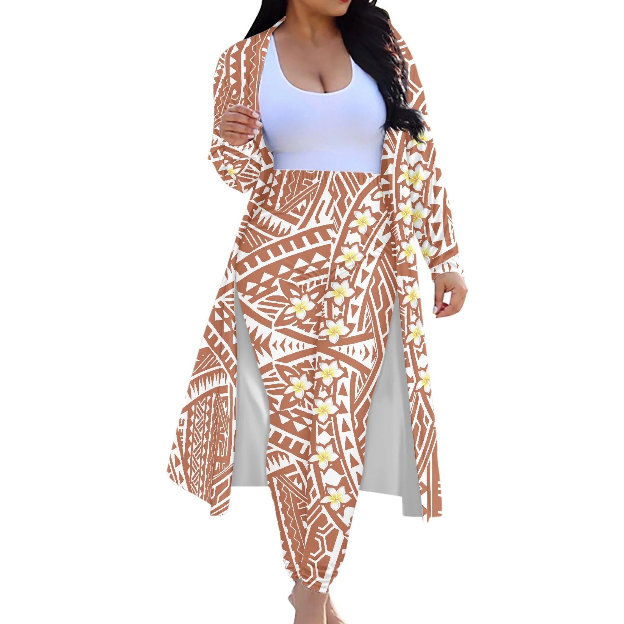 Samoa Club Fashion Women'S Wear Traditional Polynesian Print Custom Long Sleeve Cape Coat Women'S Suit Long Pants Commuter Suit