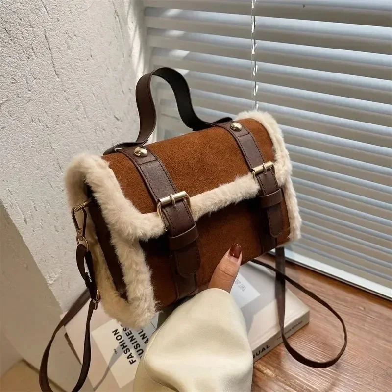 

Winter New Women's Lamb Plush Small Square Bag Color Contrast Design Single Shoulder Crossbody Bag Brown Handbag
