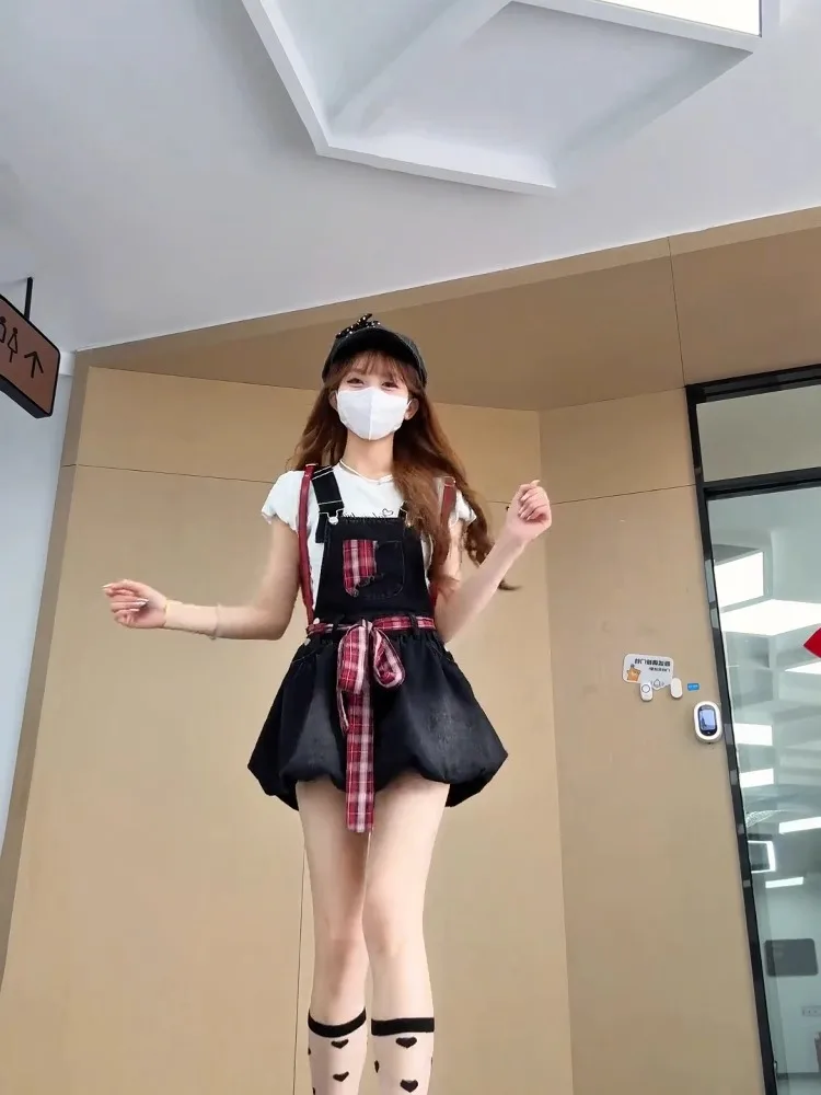 Peto vaquero negro para mujer, nuevo estilo de verano, falda bombacha versátil que combina con todo, cintura alta, sin mangas, color liso, vestido de corte A.