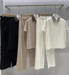 Women Beaded Turn-down Collar Short Sleeve Front Buttons T-Shirt and Elastic Waist Straight Long Pants