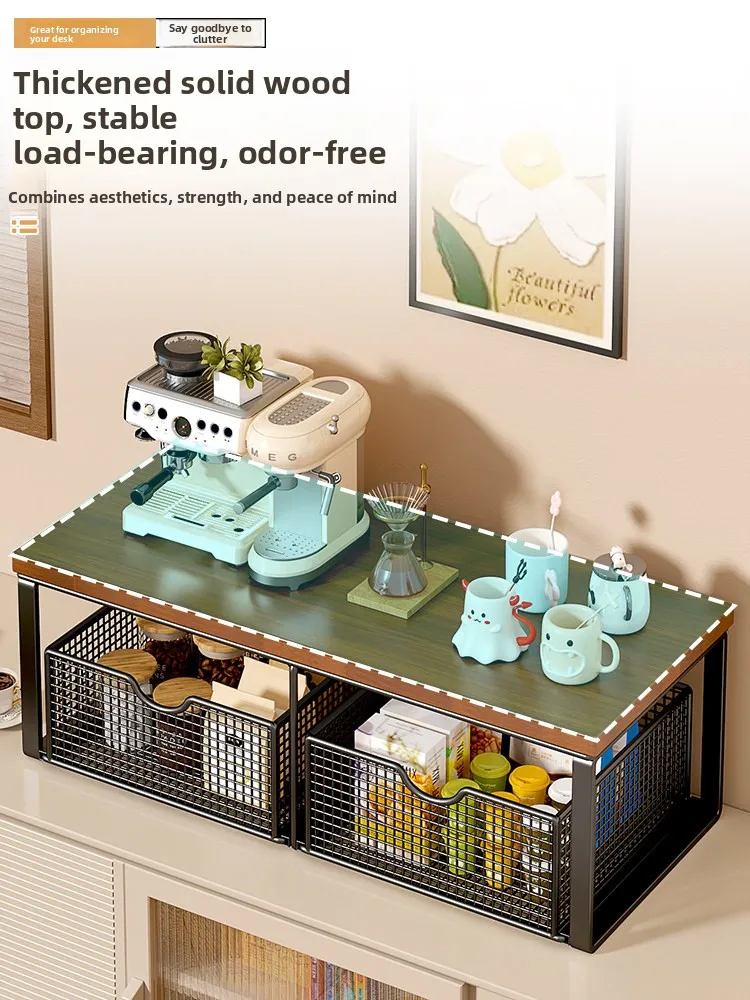 Desktop Organizer Rack Drawer Style Dustproof Storage Shelf Tabletop Tea Bag Cup Holder Iron Frame Structure Two Layers Design