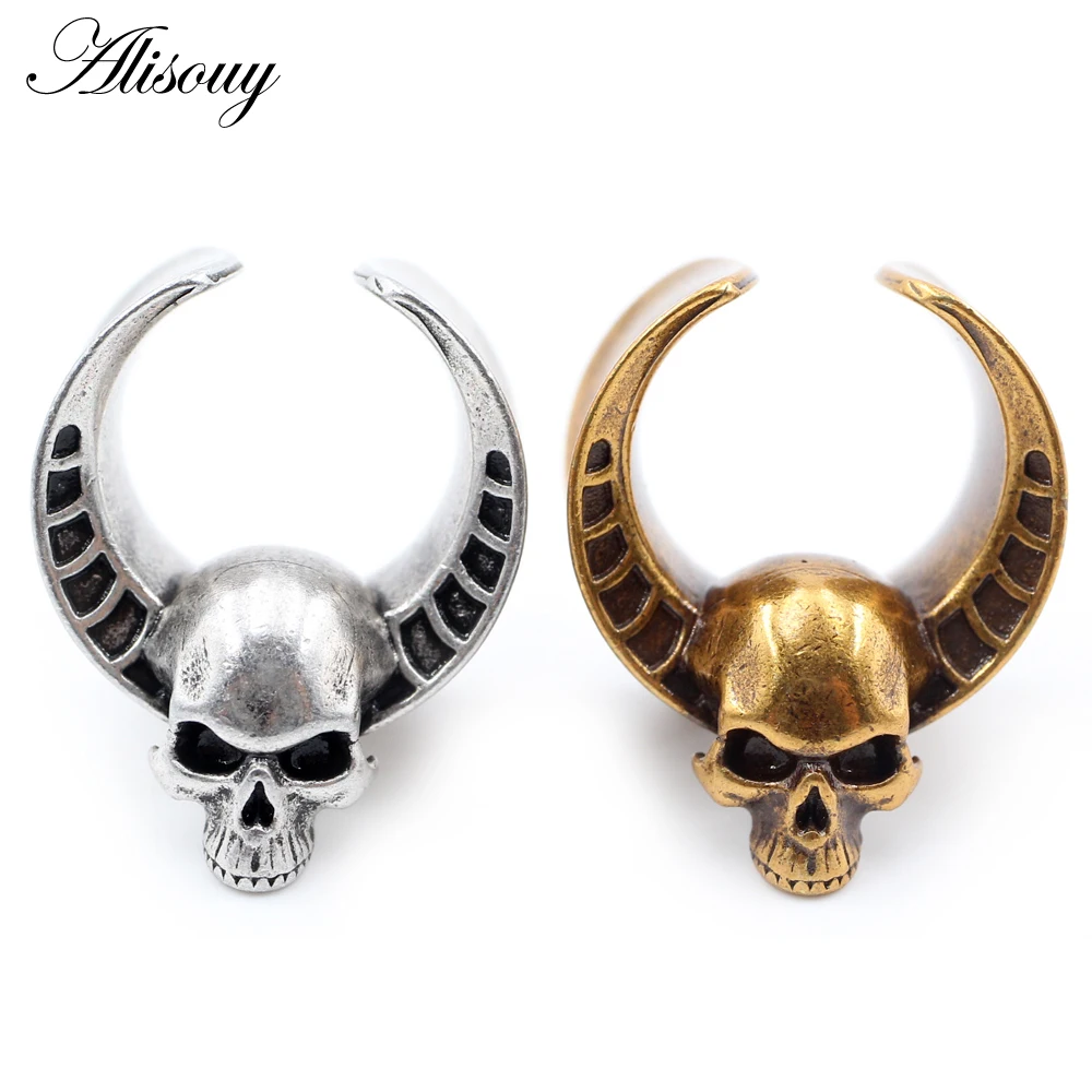 Alisouy 1PC 8-25mm Copper Skull Buffalo Horn Saddle Ear Tunnels Plugs Expander Stretcher Gauges Earrings Piercing Body Jewelry