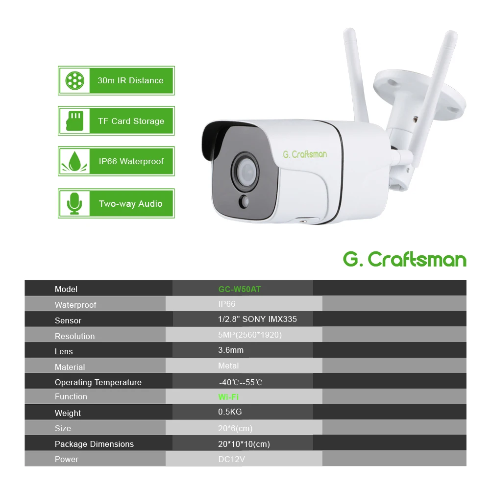 RU G.Craftsman Wifi HD 5MP Audio Wireless Security Video TF Card slot Surveillance Camhi Without SD Card