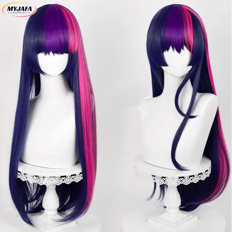 

2025 Twilight Sparkle Cosplay Long Straight Purple Pink Blue Unisex Heat Resistant Synthetic Hair Anime Party Wigs + Wig Cap