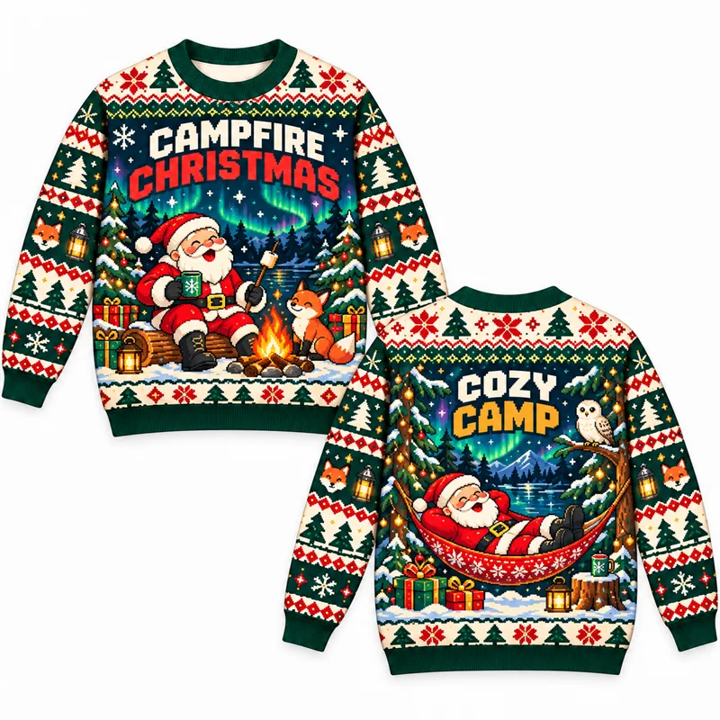 Funny Ugly Christmas Sweater Men Santa Campfire North Pole Express Hocus Pocus Baking Gift Magic Print Long Sleeve Pullover
