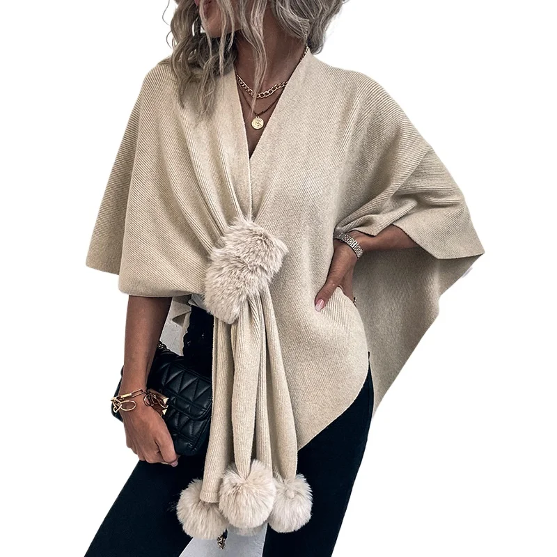 Solid  furball cloak sweater women's 2023 autumn/winter new European and American cross-border women's shawl knitted cardigan