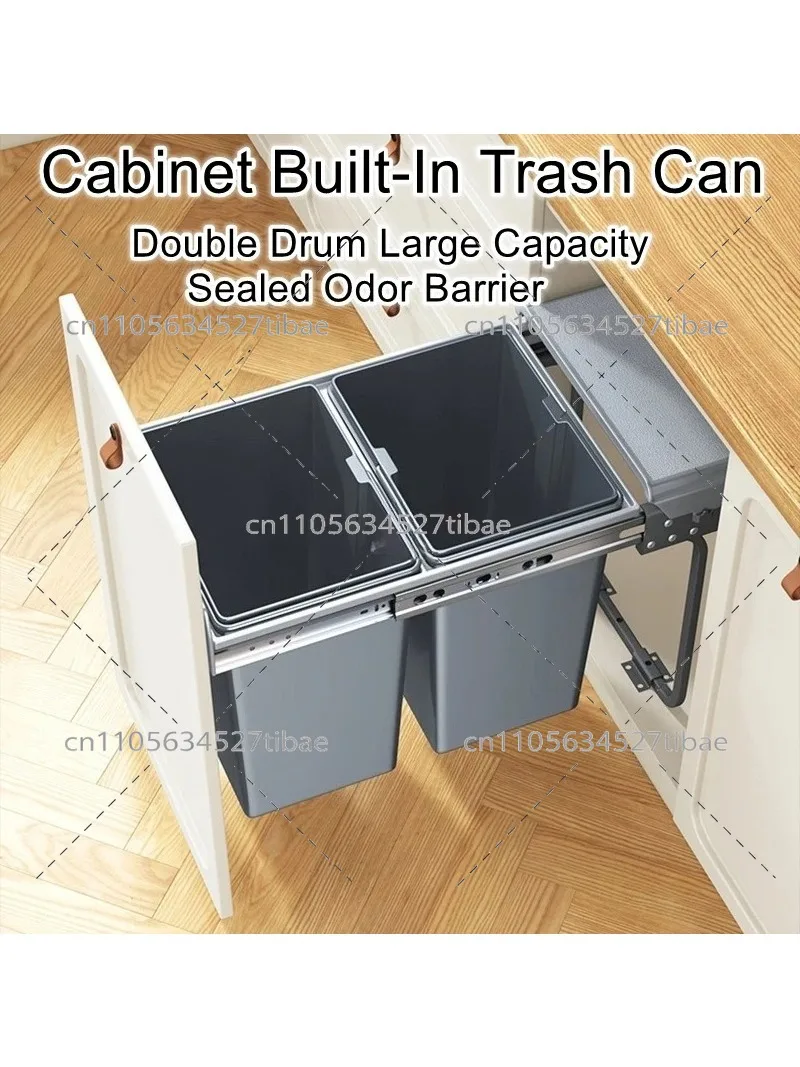 Kitchen Recessed Trash Can Cabinet Inside Dual Bucket with Lid Pull Out Basket Hidden Cleaning Bucket