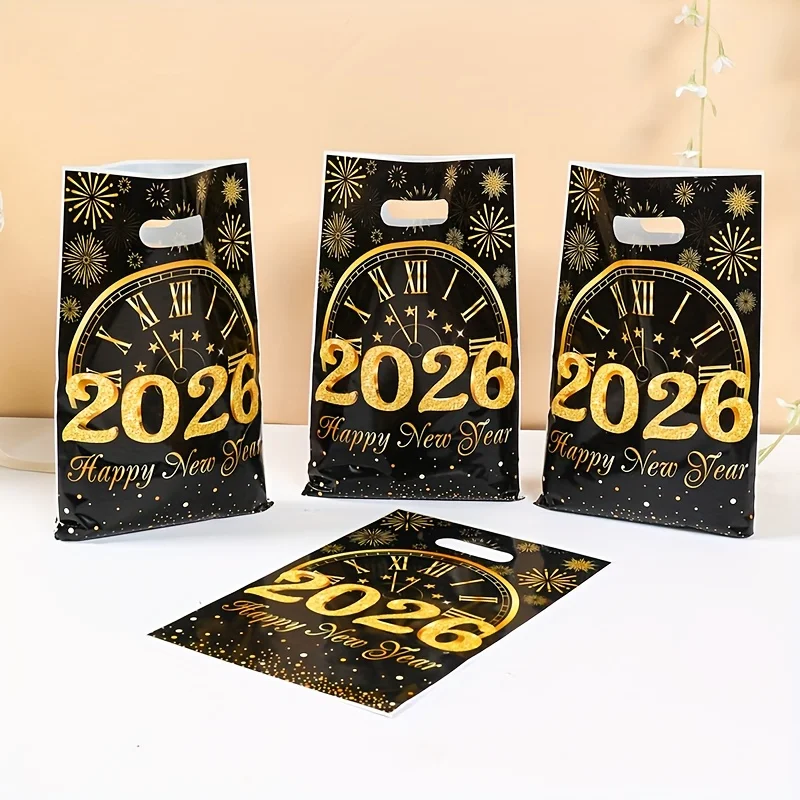 10/25/50 قطعة 2026 حقيبة حمل بلاستيكية للحفلات للعام الجديد مع شارات أرقام 2026 لامعة وأرقام رومانية وتصميم ساعة الألعاب النارية