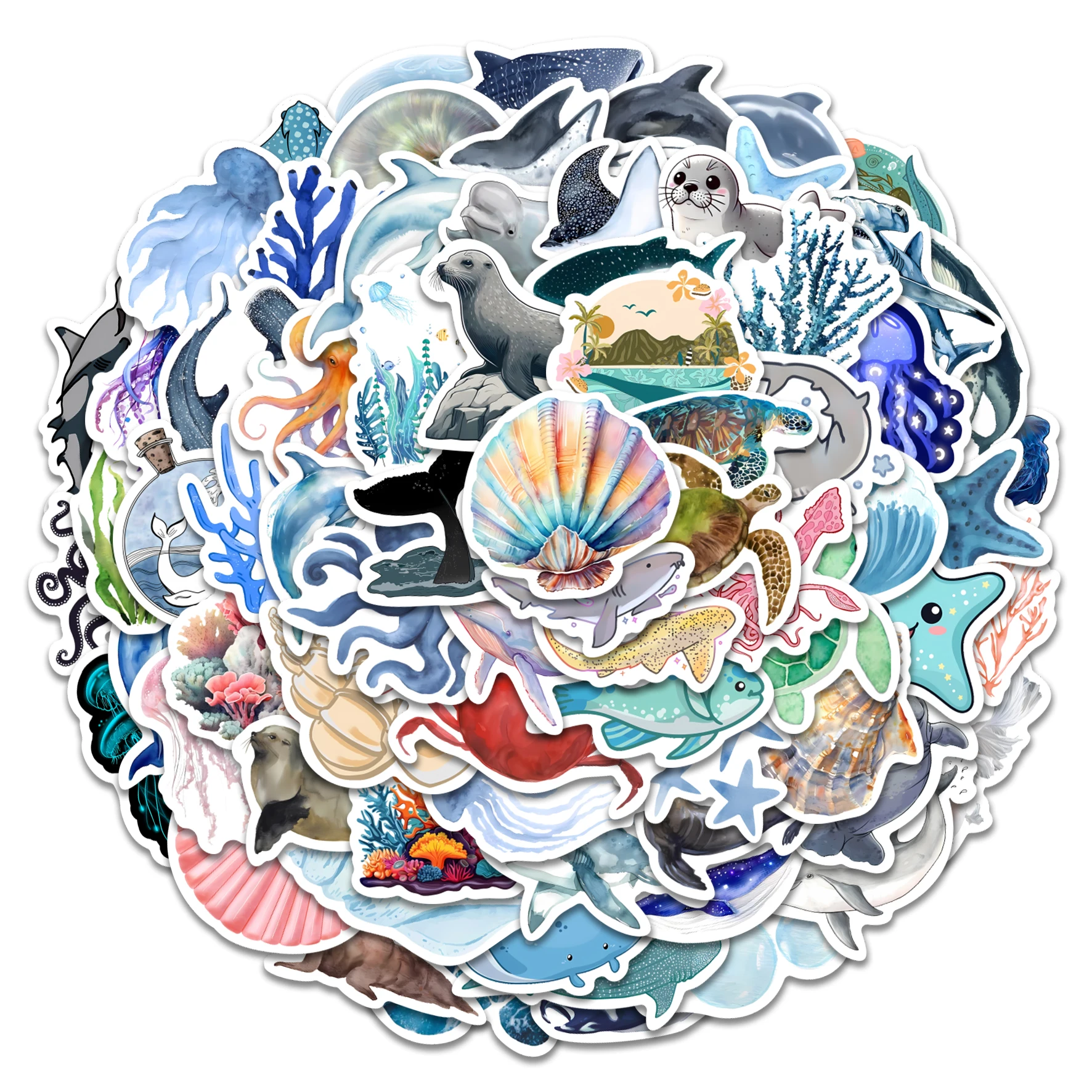 100pcs Hand-Drawn Marine Life Stickers | Ocean Dolphin Jellyfish Waterproof Decals for Journal, Water Bottle & Skateboard, Marin