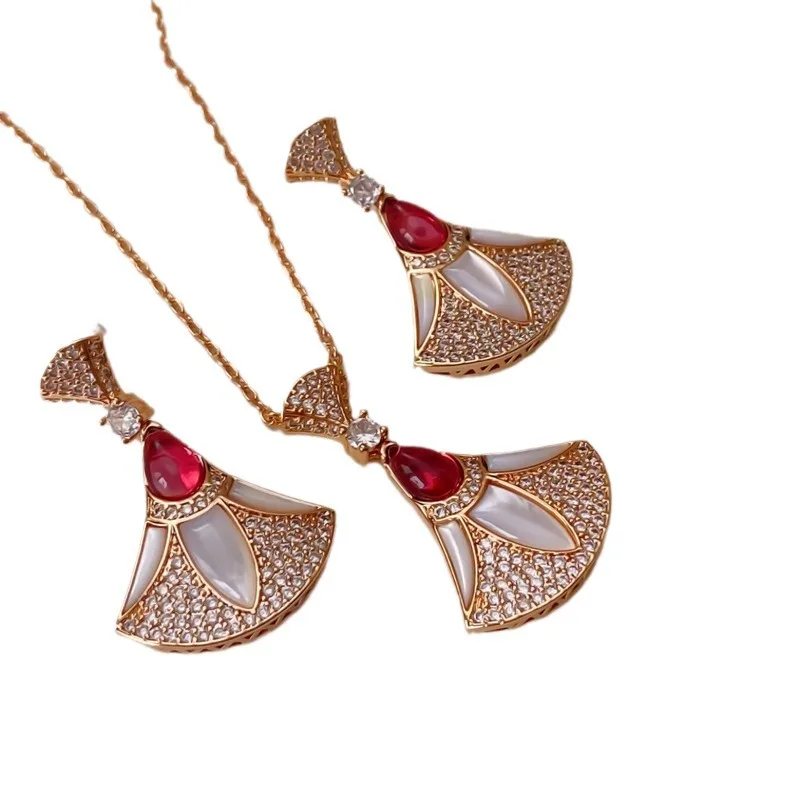 Fashion light luxury small skirt white fritillary fan earrings necklace set women's exaggerated atmosphere niche design sense