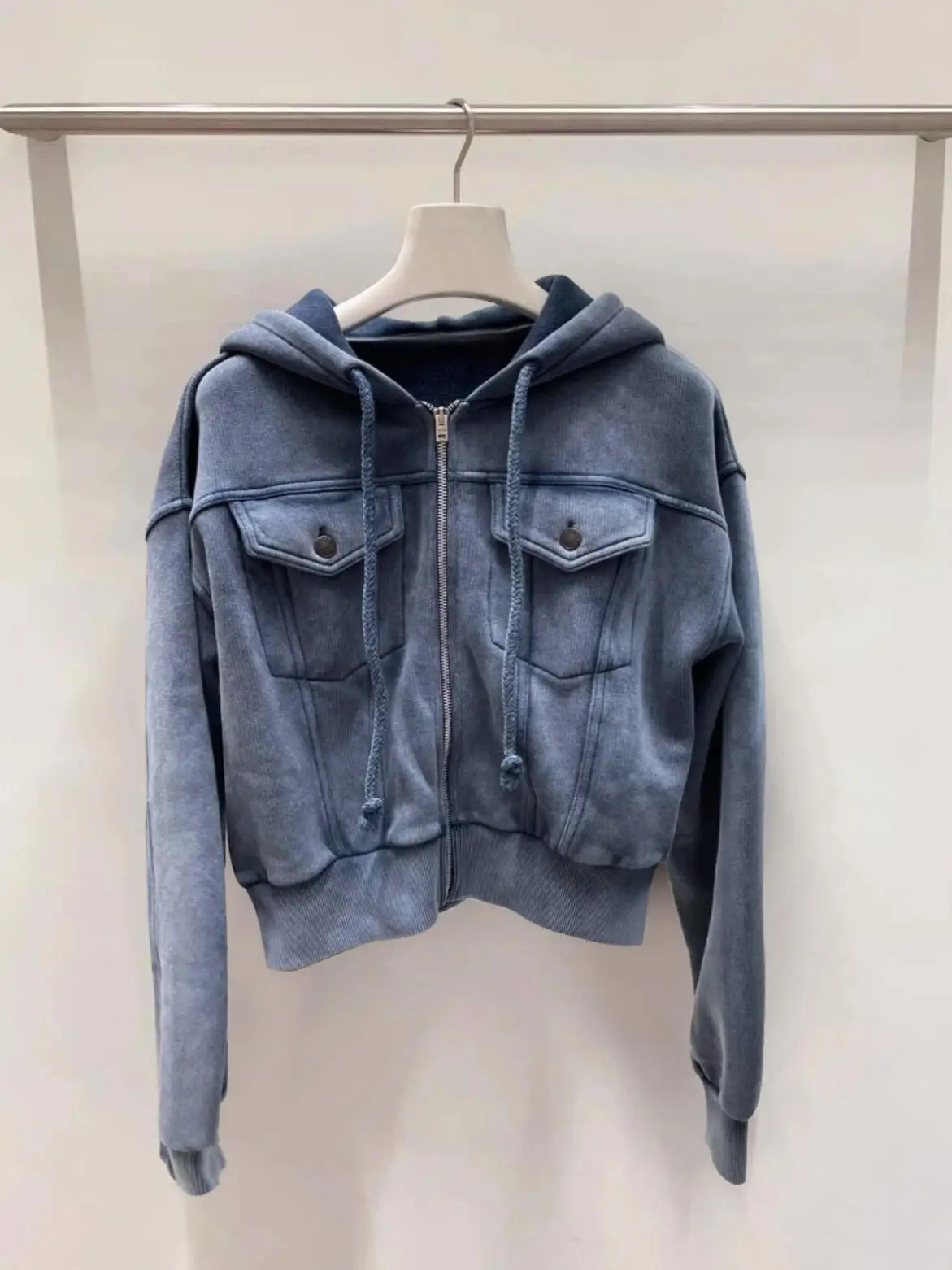 

Womens Loose Fit ort Denim Jaet Waed out Sle Casual Hoodie Open Cardigan Blue Cotton Zipper ket Design Commute Sle