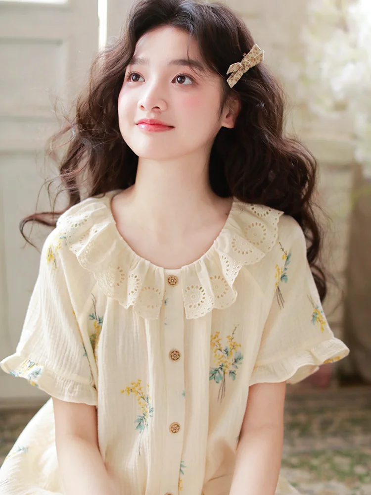 

New summer women pure cotton gauze short-sleeved long pants pajamas fresh sweet comfortable breathable can be worn home clothes