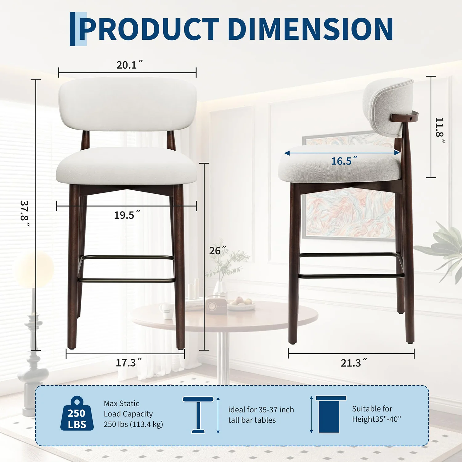 26 Inch Counter Height Bar Stools Set Of 2, Linen Upholstered Kitchen Island Chairs With Back, Wood Legs And Metal Footrest