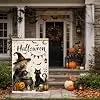 HOMETITUTE Halloween Garden Flag 12x18 Inch Linen Cauldron Witch Black Cat Lantern Bat Double Sided Outdoor Porch Decor jjp