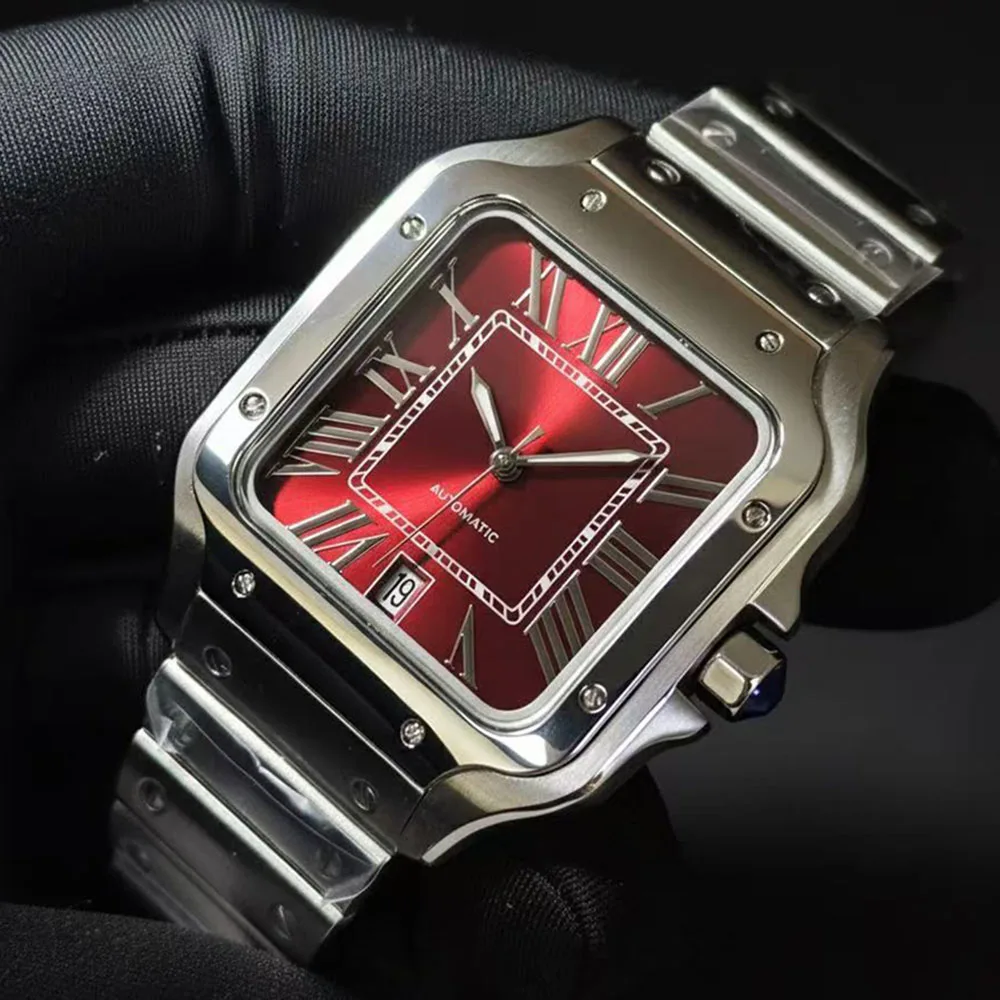 NEW NH35 Watch Wine Red/Purple Square Watch Men's High Quality Stainless Steel Watch Custom Logo NH35 Movement Watch Accessories