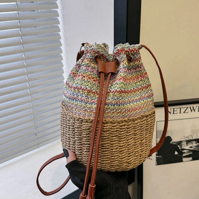 

Модная сумка-ведро из бумажной веревки, женские сумки на шнурке, дизайнерские сумки через плечо с панелями, повседневная летняя пляжная сумка-тоут