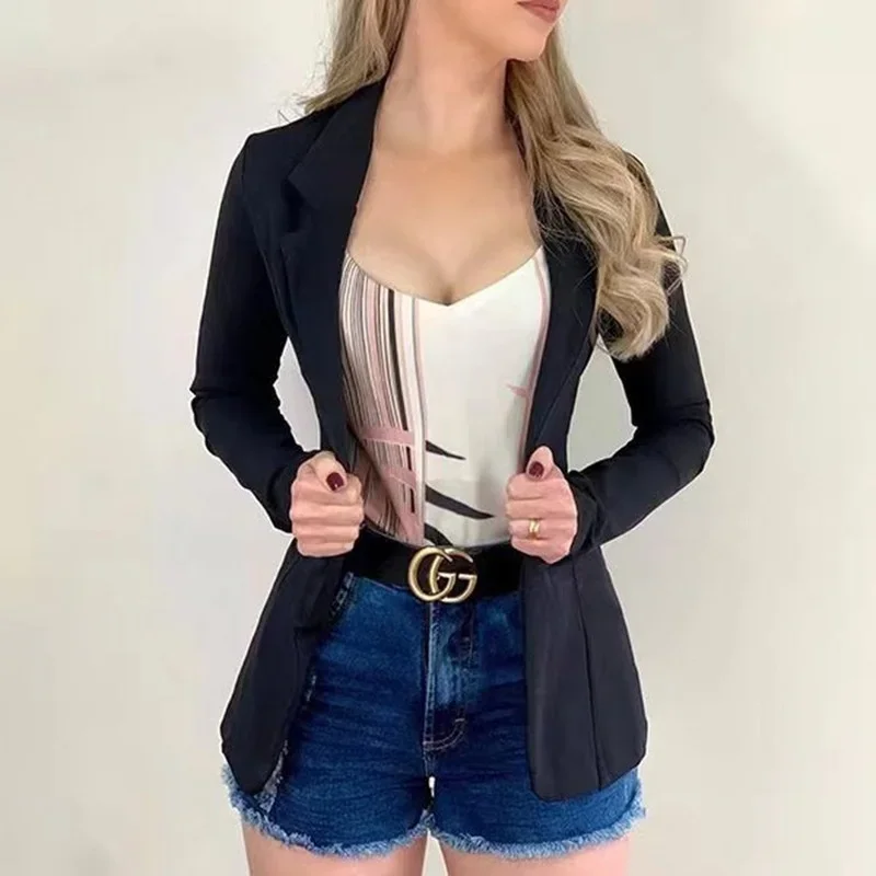 Blazer fino de botão único feminino, blazer fino, lapela de escritório casual, jaqueta de manga comprida, terno monocromático, moda outono