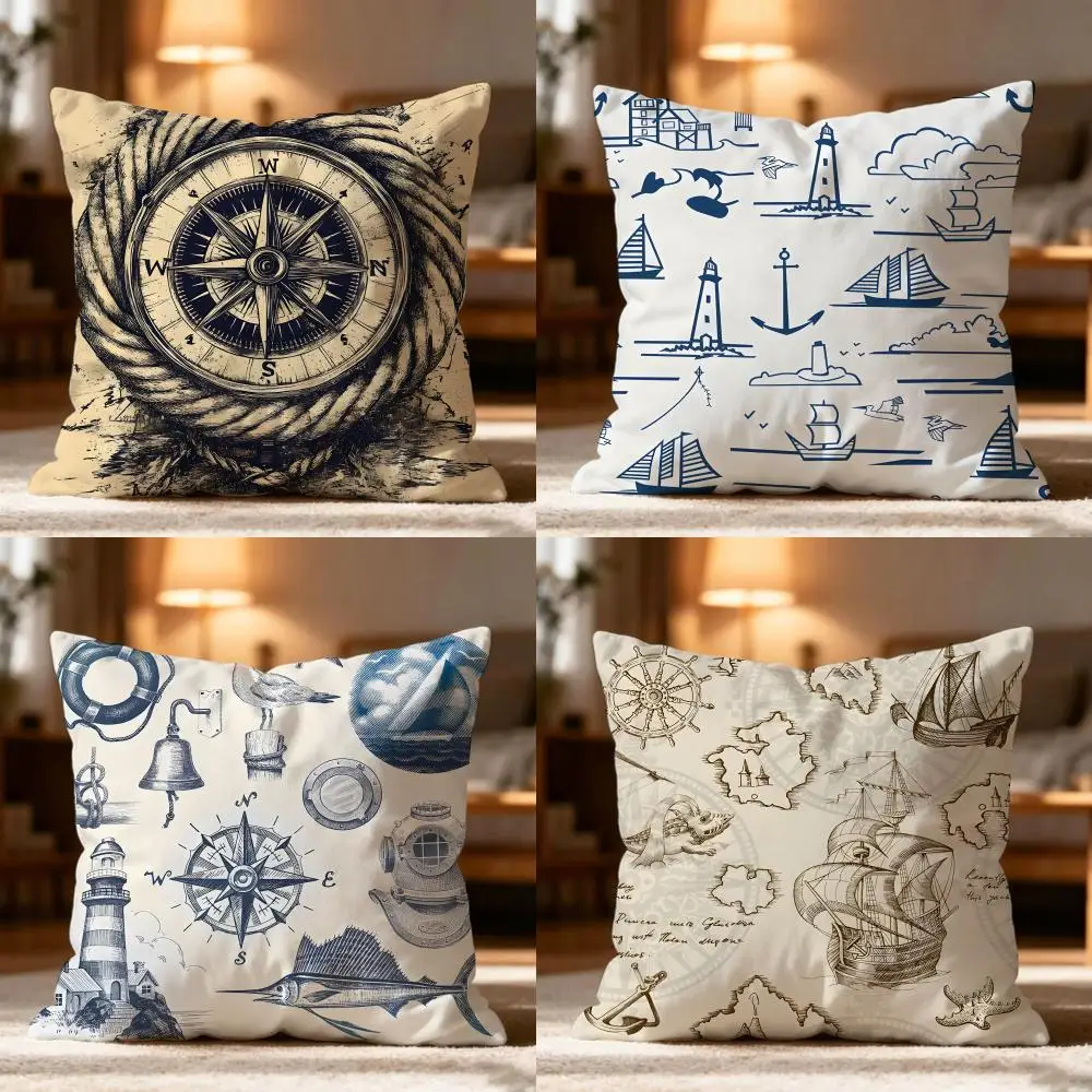 Ocean Blue Compass With Anchor Cushion Cover Cushion Cover Soft Washable Pillow Case Multi-Scene For Couch Bed Travel Office Use