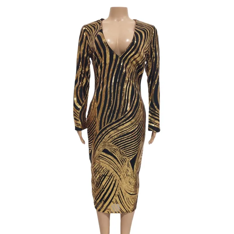 Robe longue à rayures dorées pour femmes, Sexy, col en v, élégante, fête d'anniversaire, coupe cintrée, robe de Banquet, Costume de scène pour spectacle d'invité de chanteur