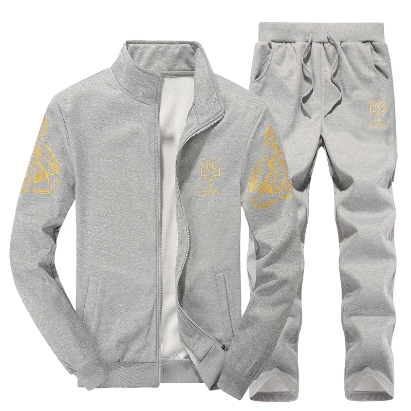 Men's 2 Piece Tracksuit Golden Pattern Print Stand Collar Zipper Jacket Drawstring Sweatpants Casual Sportswear Male Jogger Set